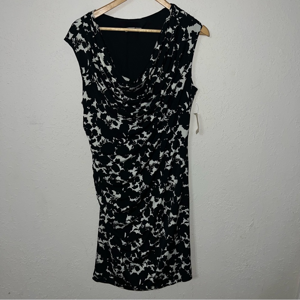 Coldwater Creek BNWT Black White Floral Sheath Dress Ruched Sleeveless Size 14.